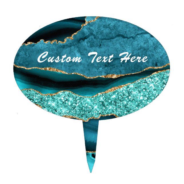 Agate Teal Blue Gold Custom Text Aqua Turquoise Cake Topper (Front)
