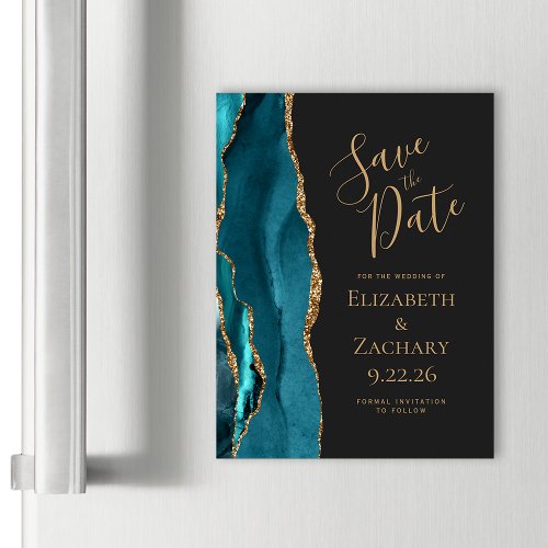 Agate Teal Blue Gold Dark Magnetic Save the Date