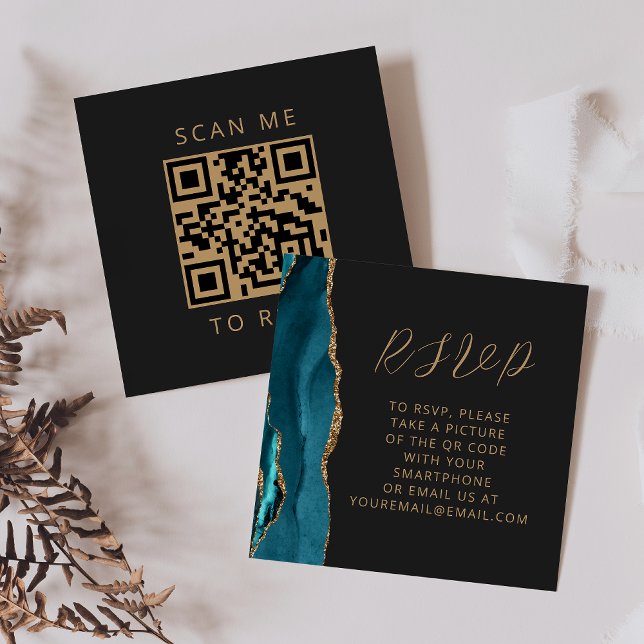 Agate Teal Blue Gold Dark Wedding QR Code RSVP Enclosure Card (Creator Uploaded)