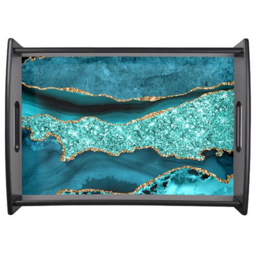 Agate Teal Blue Gold Geode Marble Serving Tray