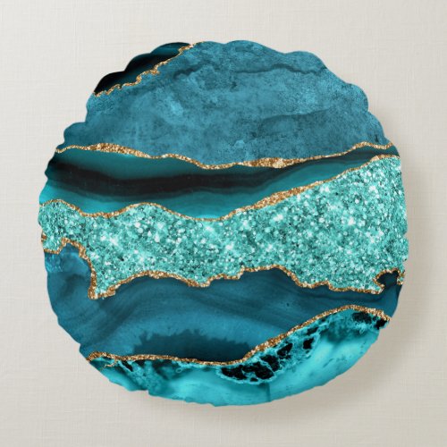 Agate Teal Blue Gold Glitter Aqua Round Pillow