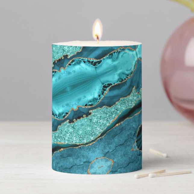 Agate Teal Blue Gold Glitter Aqua Turquoise Candle (In Situ)