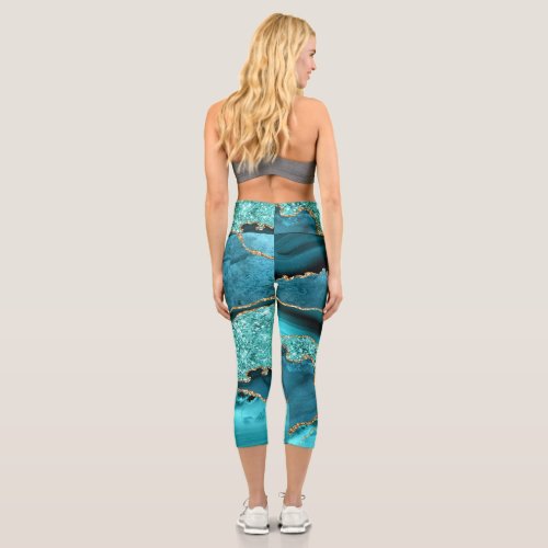 Agate Teal Blue Gold Glitter Aqua Turquoise Capri Leggings