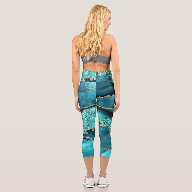 Agate Teal Blue Gold Glitter Aqua Turquoise Capri Leggings (Back)
