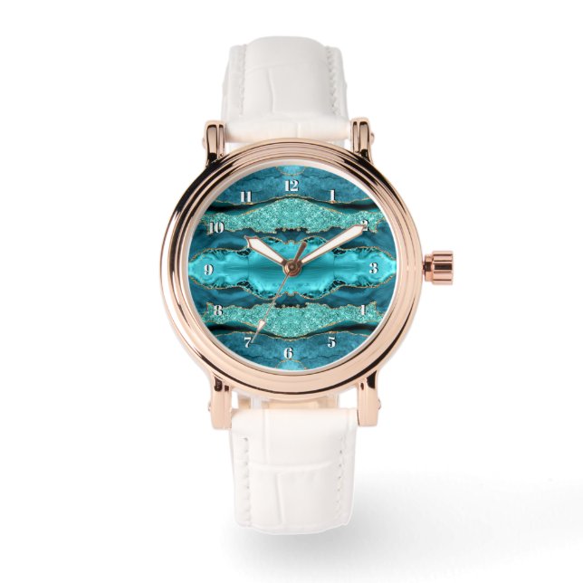 Agate Teal Blue Gold Glitter Aqua Turquoise Watch (Front)
