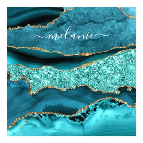 Agate Teal Blue Gold Glitter Gemstone Custom Name Photo Print