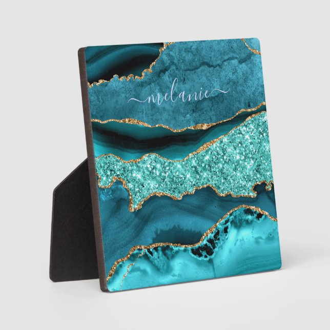 Agate Teal Blue Gold Glitter Gemstone Custom Name  Plaque (Front)