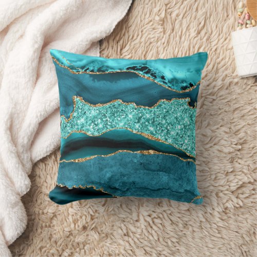 Agate Teal Blue Gold Glitter Geode Aqua Turquoise Throw Pillow
