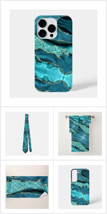 Agate Teal Blue Gold Glitter Marble Aqua Turquoise