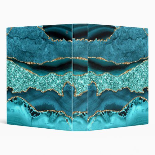 Agate Teal Blue Gold Glitter Marble Aqua Turquoise 3 Ring Binder