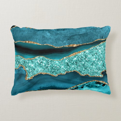 Agate Teal Blue Gold Glitter Marble Aqua Turquoise Accent Pillow