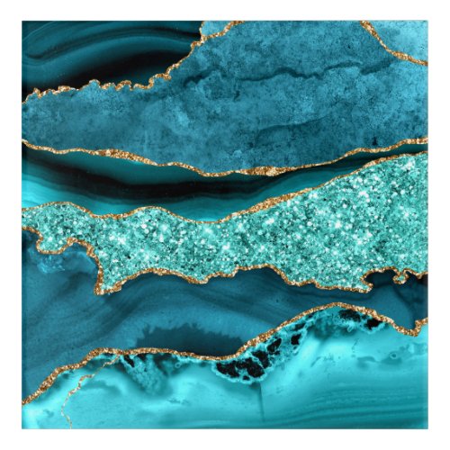 Agate Teal Blue Gold Glitter Marble Aqua Turquoise Acrylic Print