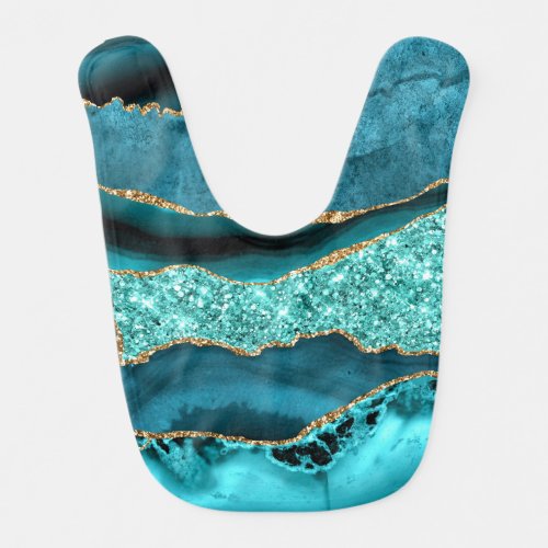 Agate Teal Blue Gold Glitter Marble Aqua Turquoise Baby Bib