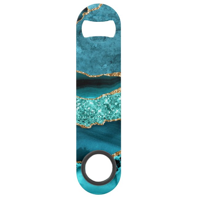 Agate Teal Blue Gold Glitter Marble Aqua Turquoise Bar Key (Front)