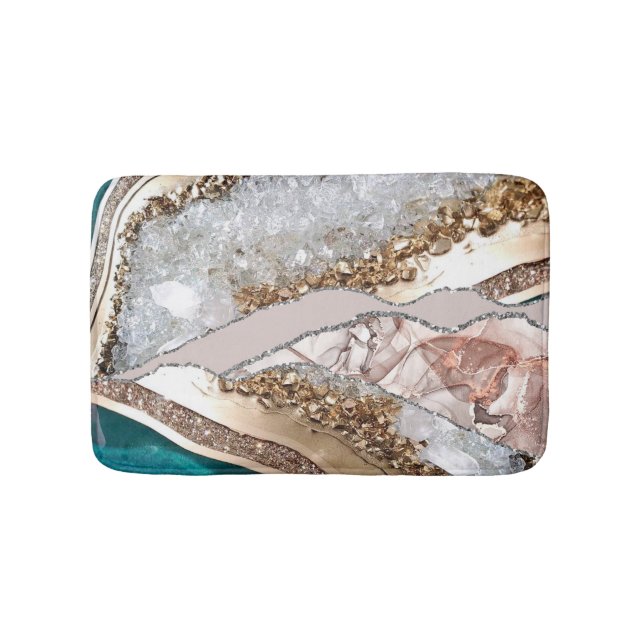 Agate Teal Blue Gold Glitter Marble Aqua Turquoise Bath Mat (Front)
