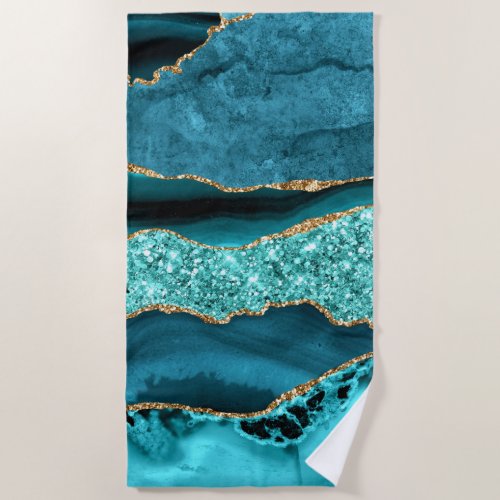 Agate Teal Blue Gold Glitter Marble Aqua Turquoise Beach Towel