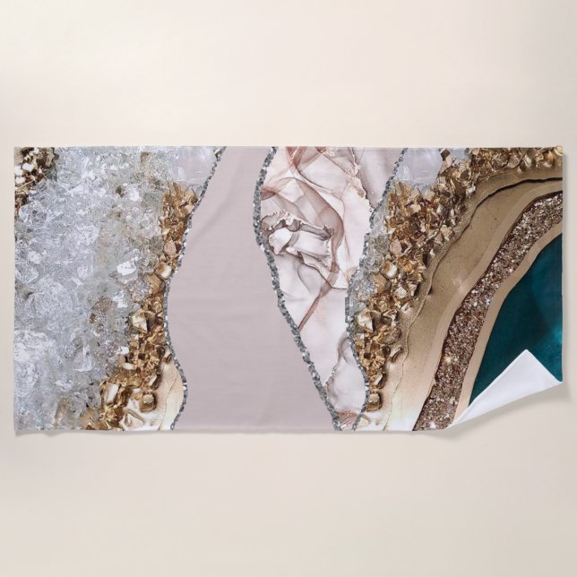 Agate Teal Blue Gold Glitter Marble Aqua Turquoise Beach Towel (Front)