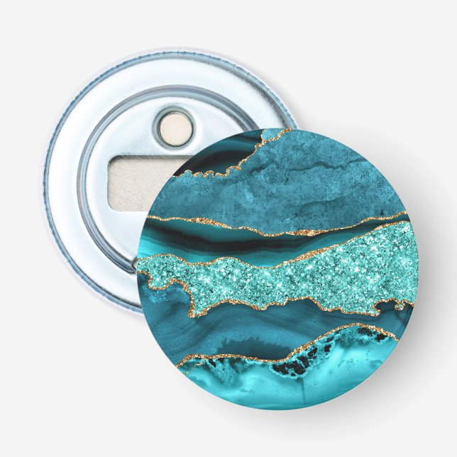 Agate Teal Blue Gold Glitter Marble Aqua Turquoise Bottle Opener (Front)