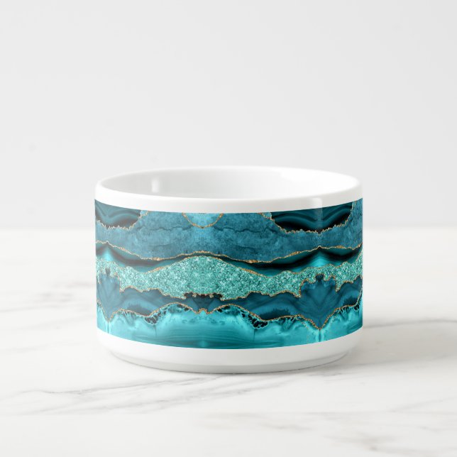 Agate Teal Blue Gold Glitter Marble Aqua Turquoise Bowl (Center)