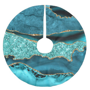 Agate Teal Blue Gold Glitter Marble Aqua Turquoise Brushed Polyester Tree Skirt