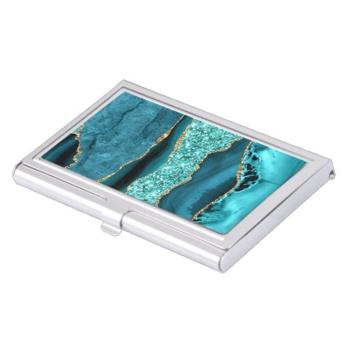 Agate Teal Blue Gold Glitter Marble Aqua Turquoise Business Card Case
