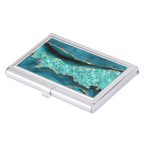 Agate Teal Blue Gold Glitter Marble Aqua Turquoise Business Card Case