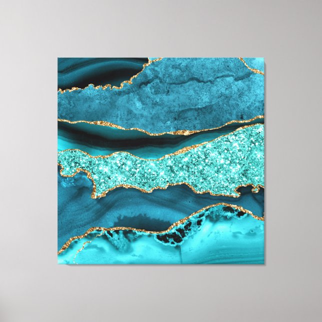 Agate Teal Blue Gold Glitter Marble Aqua Turquoise Canvas Print (Front)