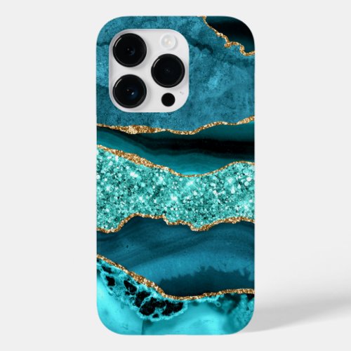 Agate Teal Blue Gold Glitter Marble Aqua Turquoise Case_Mate iPhone 14 Pro Case