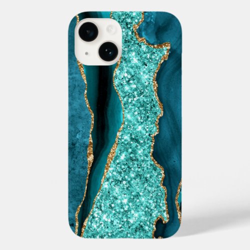 Agate Teal Blue Gold Glitter Marble Aqua Turquoise Case_Mate iPhone 14 Case