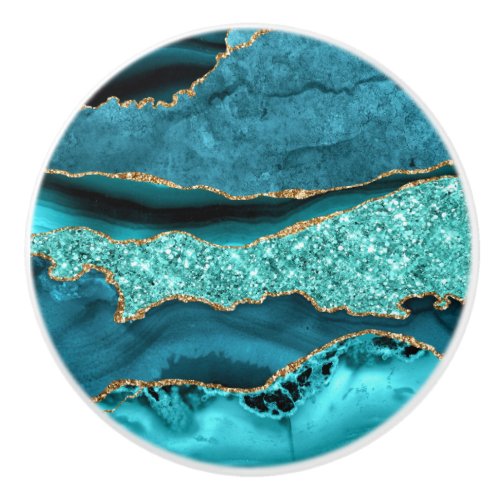 Agate Teal Blue Gold Glitter Marble Aqua Turquoise Ceramic Knob