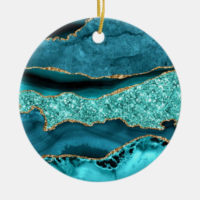 Agate Teal Blue Gold Glitter Marble Aqua Turquoise Ceramic Ornament (Front)
