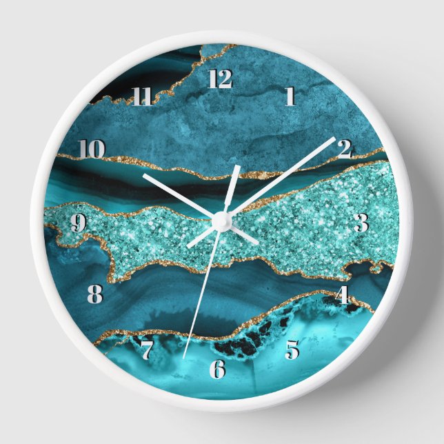 Agate Teal Blue Gold Glitter Marble Aqua Turquoise Clock (Front)