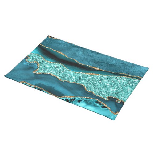 Agate Teal Blue Gold Glitter Marble Aqua Turquoise Cloth Placemat