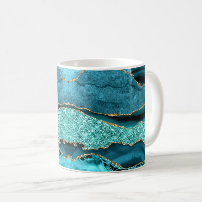 Agate Teal Blue Gold Glitter Marble Aqua Turquoise Coffee Mug (Front Right)
