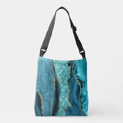 Agate Teal Blue Gold Glitter Marble Aqua Turquoise Crossbody Bag