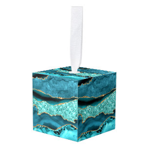 Agate Teal Blue Gold Glitter Marble Aqua Turquoise Cube Ornament