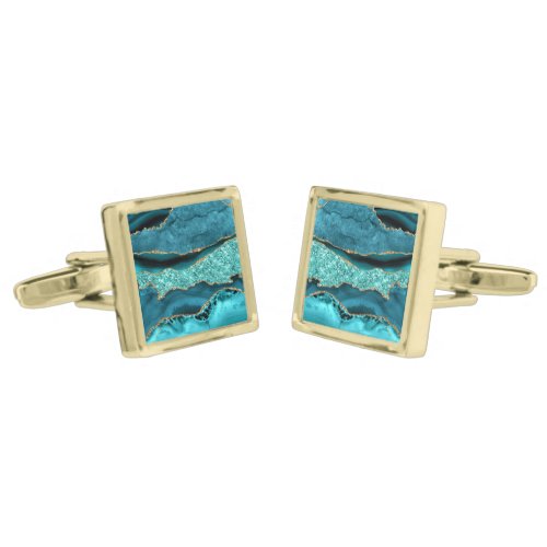 Agate Teal Blue Gold Glitter Marble Aqua Turquoise Cufflinks