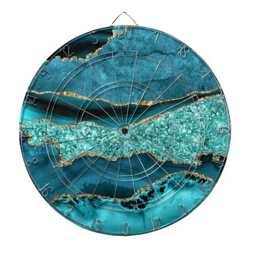 Agate Teal Blue Gold Glitter Marble Aqua Turquoise Dart Board