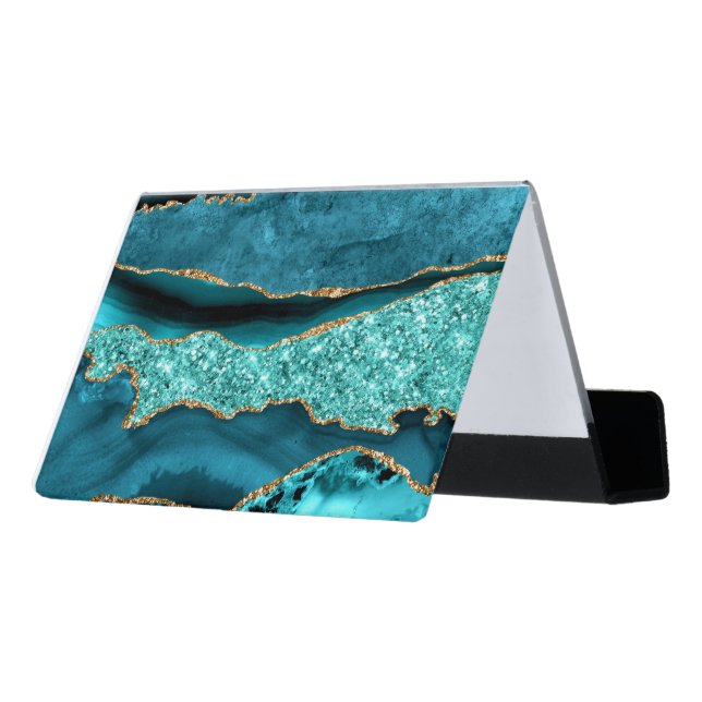 Agate Teal Blue Gold Glitter Marble Aqua Turquoise Desk Business Card Holder (Angled Back)