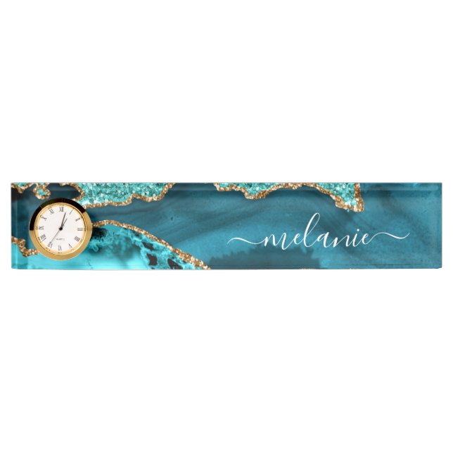 Agate Teal Blue Gold Glitter Marble Aqua Turquoise Desk Name Plate (Front)