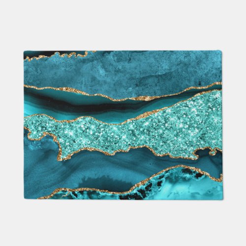Agate Teal Blue Gold Glitter Marble Aqua Turquoise Doormat