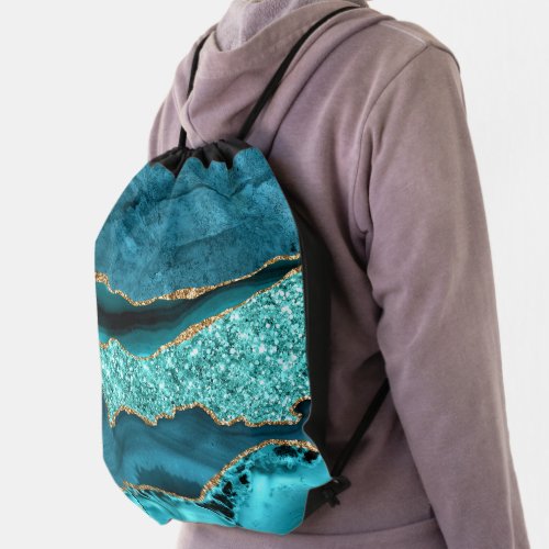 Agate Teal Blue Gold Glitter Marble Aqua Turquoise Drawstring Bag