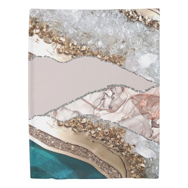 Agate Teal Blue Gold Glitter Marble Aqua Turquoise Duvet Cover (Front)