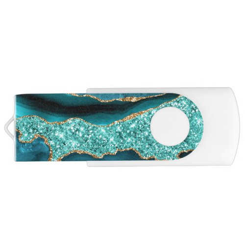 Agate Teal Blue Gold Glitter Marble Aqua Turquoise Flash Drive