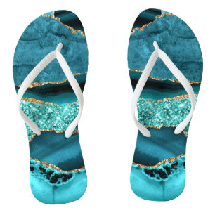 Agate Teal Blue Gold Glitter Marble Aqua Turquoise Flip Flops