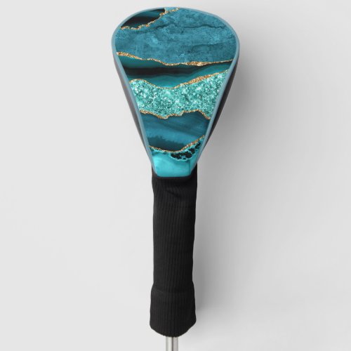 Agate Teal Blue Gold Glitter Marble Aqua Turquoise Golf Head Cover