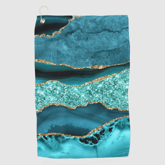 Agate Teal Blue Gold Glitter Marble Aqua Turquoise Golf Towel (Front)