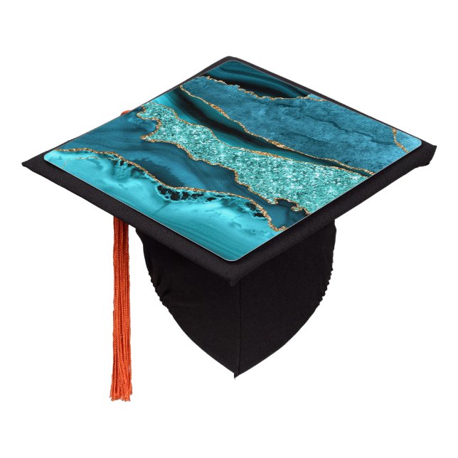 Agate Teal Blue Gold Glitter Marble Aqua Turquoise Graduation Cap Topper (Angled)