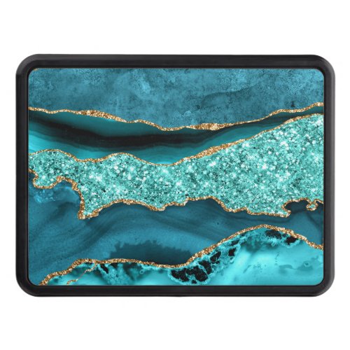 Agate Teal Blue Gold Glitter Marble Aqua Turquoise Hitch Cover