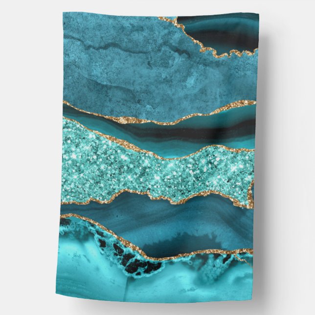 Agate Teal Blue Gold Glitter Marble Aqua Turquoise House Flag (Front)